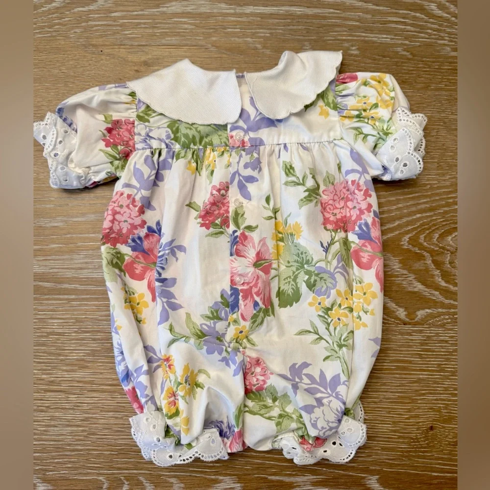 Vintage Baby Bubble Scalloped Collar With Eyelet Lace Trim, Floral‎ Pattern, 12m